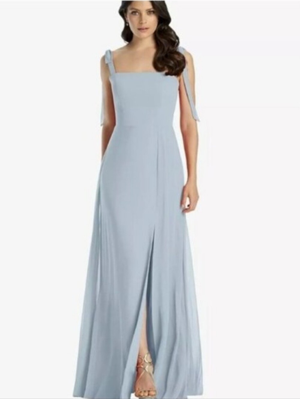 Dessy Collection Bow Shoulder Chiffon Maxi Dress Size 18 New Mist Blue Women's